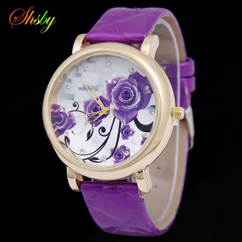 Shsby Brand purple flowers Leather Strap WristWatches Fashion Ladies Rhinestone Quartz Watch Women dress Watches girl's gift