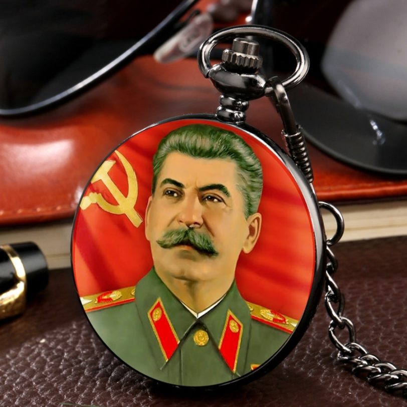 Soviet Hero Portrait of Stalin of Russia's Leader Quartz Pocket Watch Soviet Sickle Hammer Style Chain Pendant Fob Clock Gifts