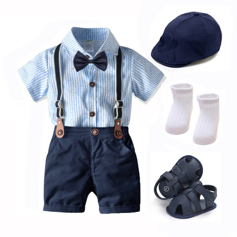 Summer Boys Clothes Hat Shoes Baby Outfit Set Bow Tie Bib Suit Newborn 7 Pieces Party Birthday Dresses 3 6 9 12 18 24 Months