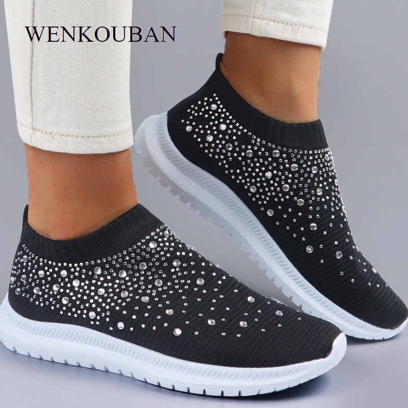 Summer Sneakers Women Flat Shoes Crystal Fashion Bling Sneakers Casual Slip On Sock Trainers Ladies Vulcanize