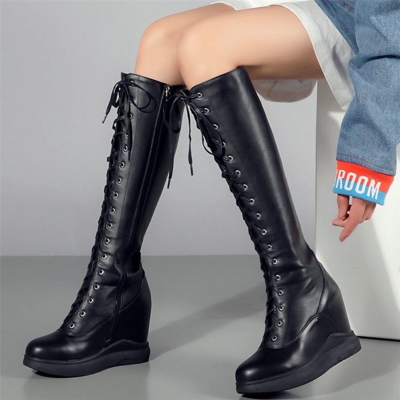 Thigh High Fashion Sneakers Women Cow Leather Wedges High Heel Pumps Shoe Female Lace Up Knee High Motorcycle Boots Casual Shoes