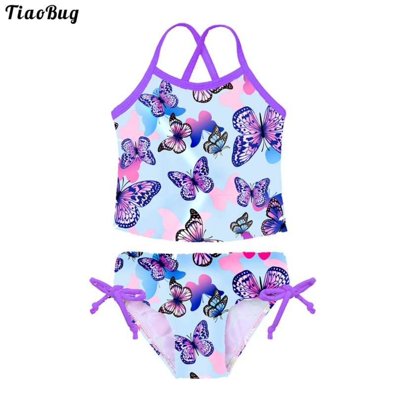 TiaoBug Summer 2Pcs Kids Girls Floral Printed Tankini Bikini Swimsuit Swimwear Bathing Suit Tops With Tie Side Bottoms Sets