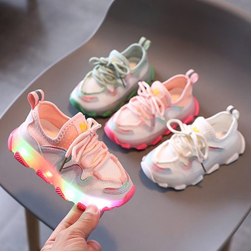 Toddler Infant Kids Girls Boys Mesh Led Light Sneakers Sport Lace Up Shoes Flying Woven Led Light Casual Sports Shoes Sneakers