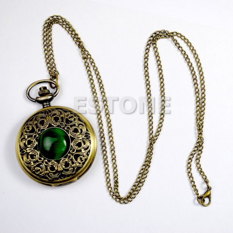 Vintage Steampunk Retro Bronze Design Pocket Watch Quartz Pendant Necklace Gift Pendant Chain