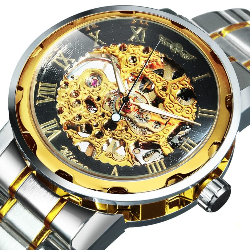 WINNER Gold Skeleton Watch for Men Mechanical Wristwatches Stainless Steel Strap Mens Watches Top Brand Clock 17 COLORs 2021