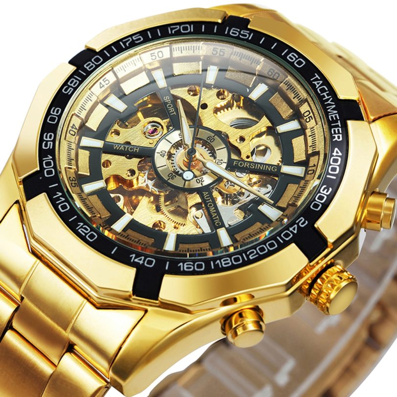 WINNER Official Classic Business Auto Mechanical Watch Men Stainless Steel Strap Golden Skeleton Mens Watches Top Brand Luxury