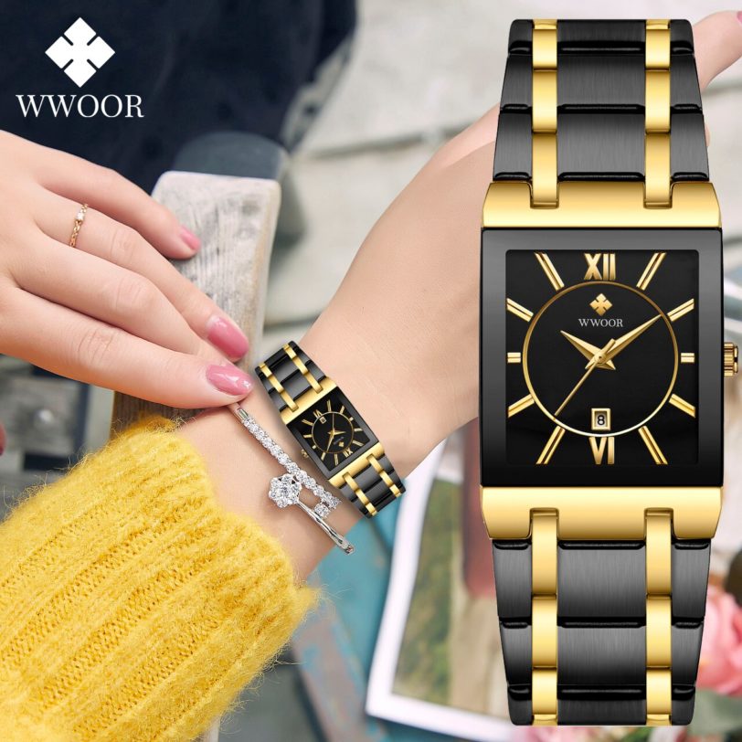 WWOOR Ladies Watch Top Brand Japanese Quartz Watches Square Black Gold Watch Stainless Steel Waterproof Fashion Women Wristwatch