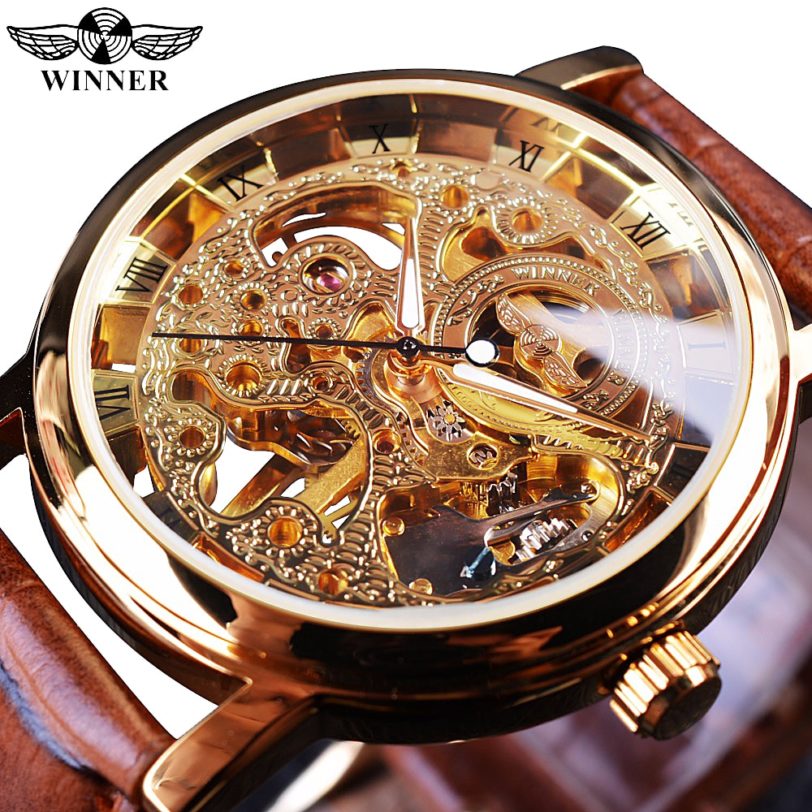 Winner Transparent Golden Case Luxury Casual Design Brown Leather Strap Mens Watches Top Brand Luxury Mechanical Skeleton Watch