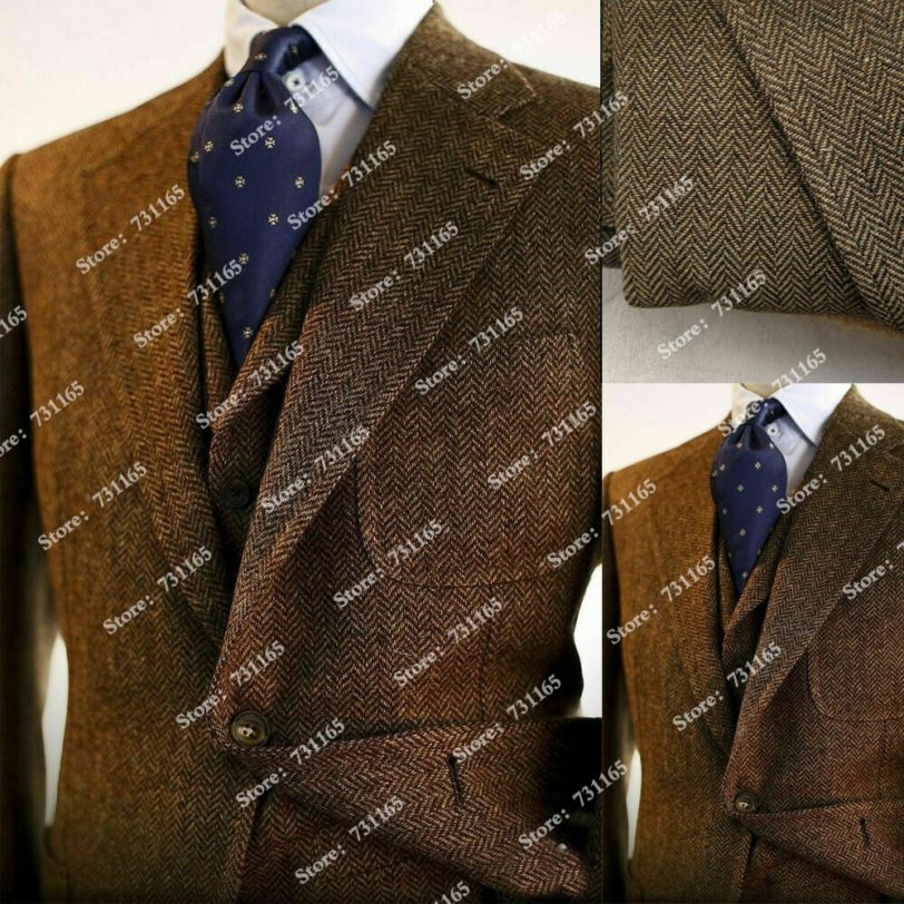 Winter Brown Wool Blend Herringbone Men Suits For Wedding Custom Made 3 Pieces Peaked Lapel Jacket