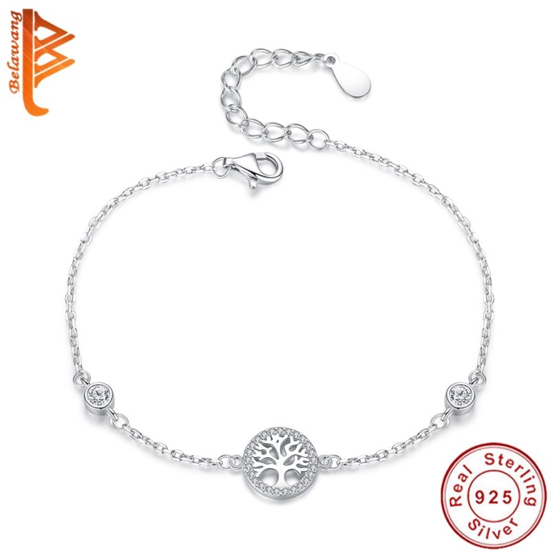 Winter Fashion 925 Sterling Silver Tree of Life Family Tree Clear CZ Charm Bracelet for Women Girls Party Christmas Jewelry Gift