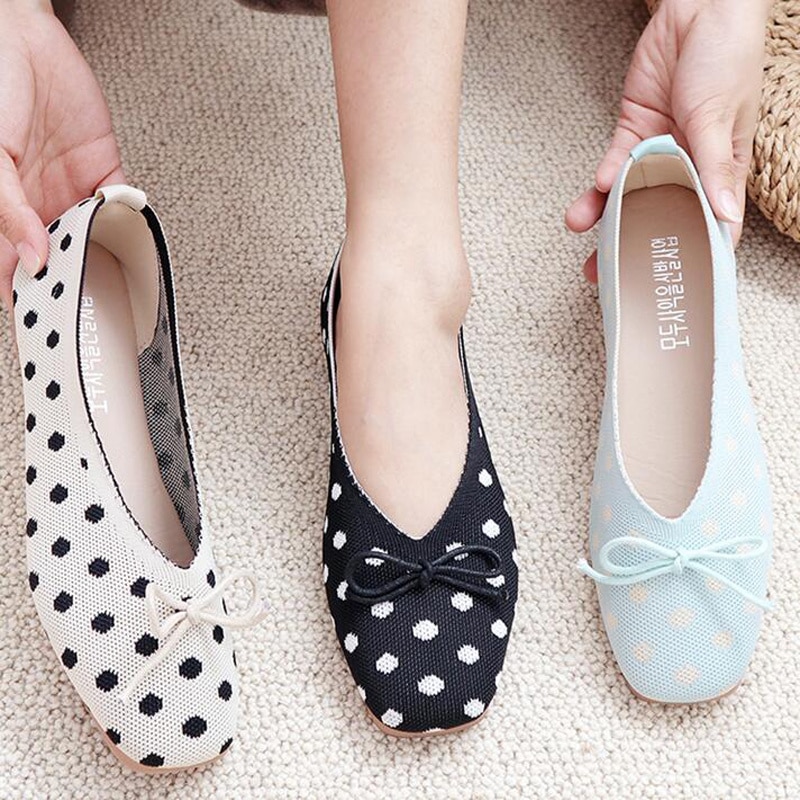 Women Slip On Flat Loafers Polka Dot Knot Square Toe Shallow Ballet Flats Shoes knitting Casual