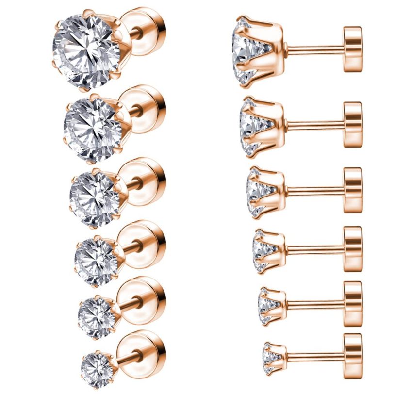 ZEMO 6pair/lot 3-8mm 316L Stainless Steel Crystal Studs Earrings Set With Big Zirconia for Women Rhinestone Rose Gold Ear Studs