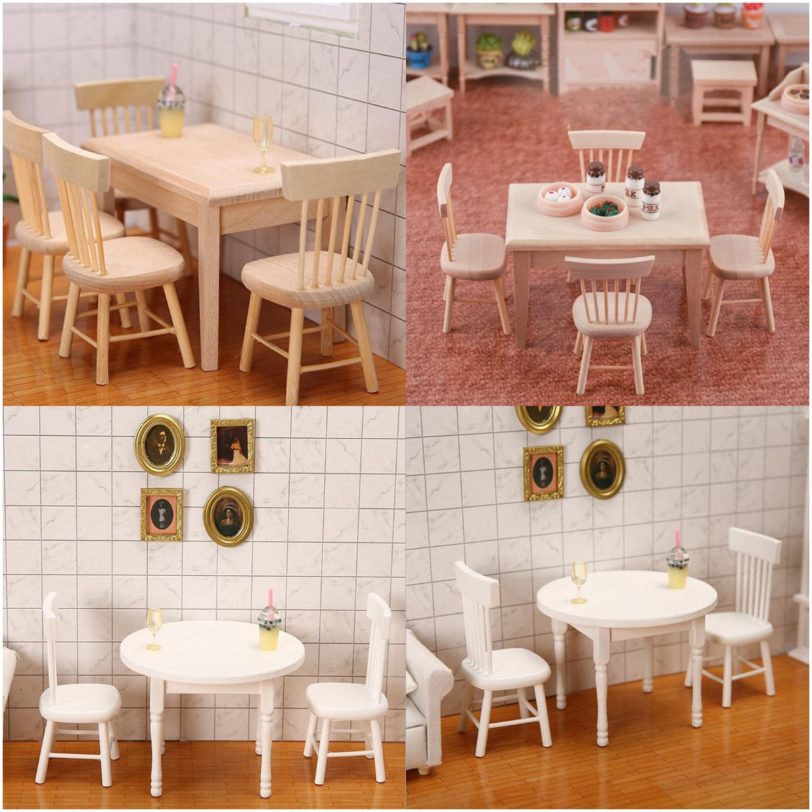 1/12 Miniature Dollhouse Furniture Wooden Dining Table Chair Simulation Toy For Dollhouse Decals New