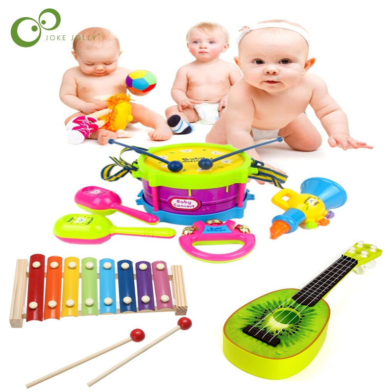 1 5pcs Musical Toy Set Roll Drum Guitar Instruments Band Kit Kids Early Educational Toy Gift