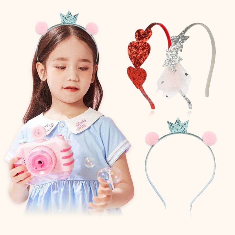 1 PC Glitter Red Heart Shape Headband Silver Star Hair Band Crown Tiaras Pompom Headwear For Princess Girls Cute Hair Accessory