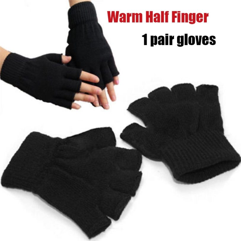 1 Pair Half Finger Fingerless Gloves Men/Women Black Warm Knitted Stretch Elastic Winter Outdoor Equipment Cycling Accessories