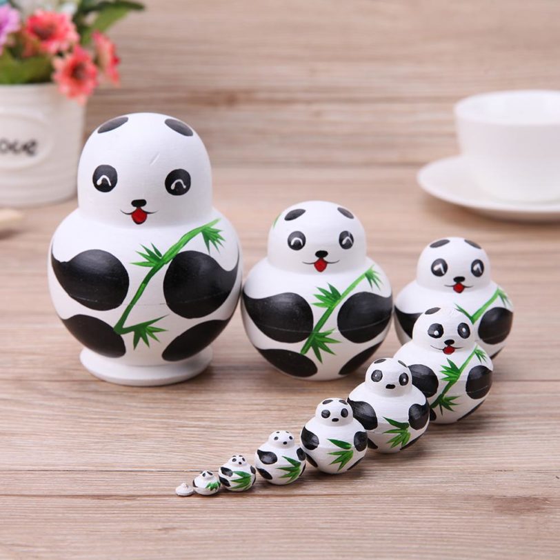 10pcs/Set Basswood Panda Nesting Dolls Handmade Matryoshka Dolls Toys Gift Poupee Russe for Kids Gifts Crafted Doll Home Decor