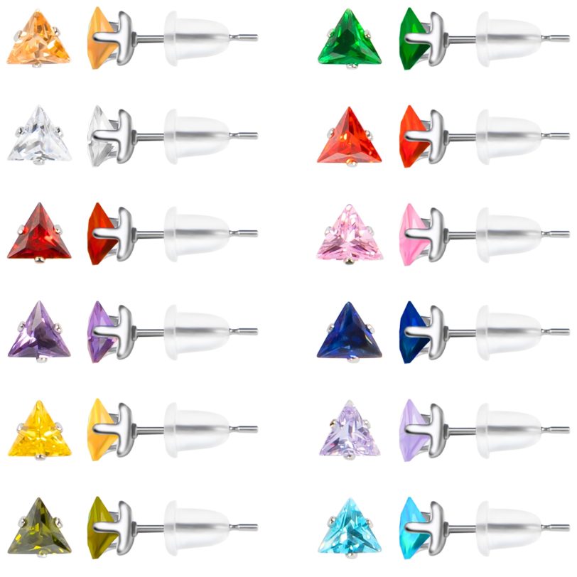 12 Pairs 316L Stainless Steel Triangle Stud Earrings,Birthstone CZ Surgical Steel Earring Sets for Women Girls with Size 3 4 5mm