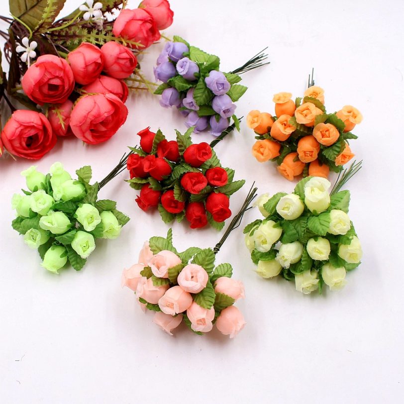 12heads/Bundle Artificial Flowers Silk Rose Mini Bouquet for Christmas Home Wedding New Year DIY Gift Box Decoration Fake Plants