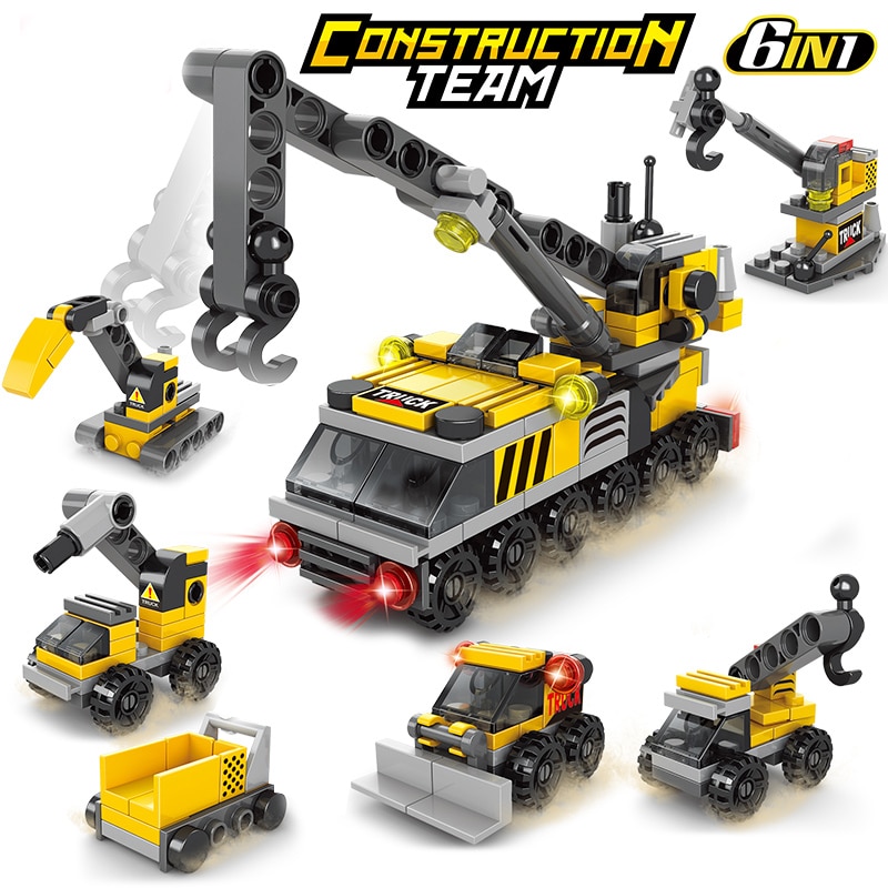 142Pcs 6 IN 1 Building Blocks Engineeri Set City DIY Construction Team Truck Crane Forklift Bricks