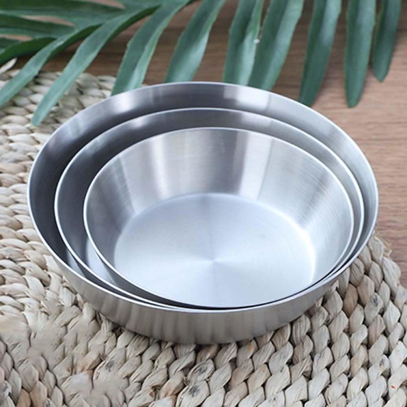 1Pc Stainless Steel Anti-rust Flat Bottom Serving Dish Basin Round Plate Tray Kitchen Dinning Bowl Tableware