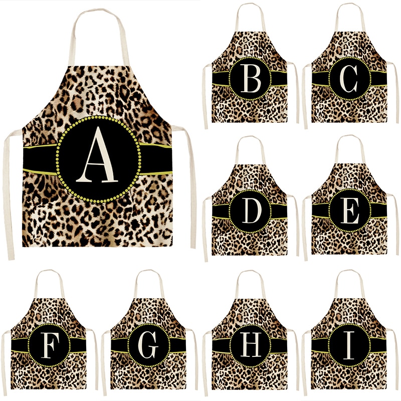 1Pcs Leopard Letter Pattern Kitchen Sleeveless Aprons Cotton Linen Bibs 53 65cm Household Cleaning Pinafore Home