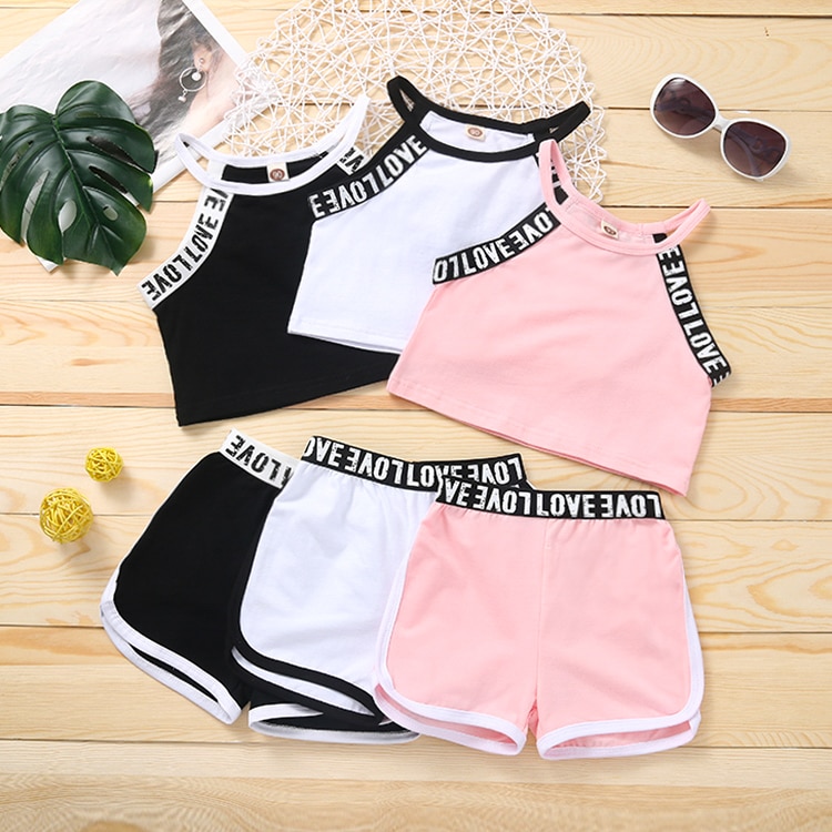 2 6Y Girl Clothes Set Summer outfit Letter Sleeveless Tank Top Shorts Outfits Fashion New Kid