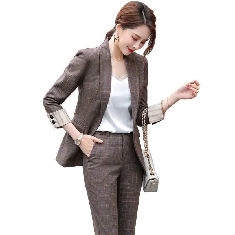 2021 Latest Black Yellow Coffee Gray Plaid Women Pant Suit Ladies Jacket Blazer And Trousers 2 Piece Set