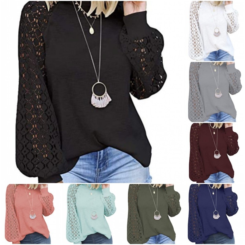2021 New Fashion 8 Colors Women Tops Plus Size Solid Color Loose Shirts Lace Stitching Long