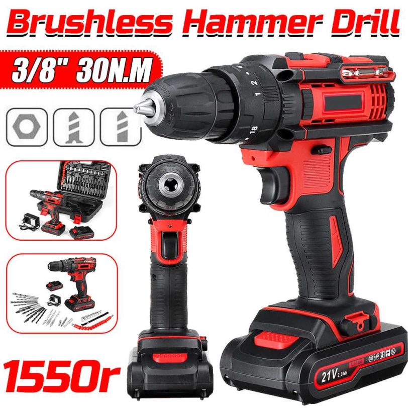 21V 3 In 1 Cordless Electric Drill Power Screwdriver Hammer Drill 18 3 Torque Wireless Power Driver Tools with 2 Li-ion Battery