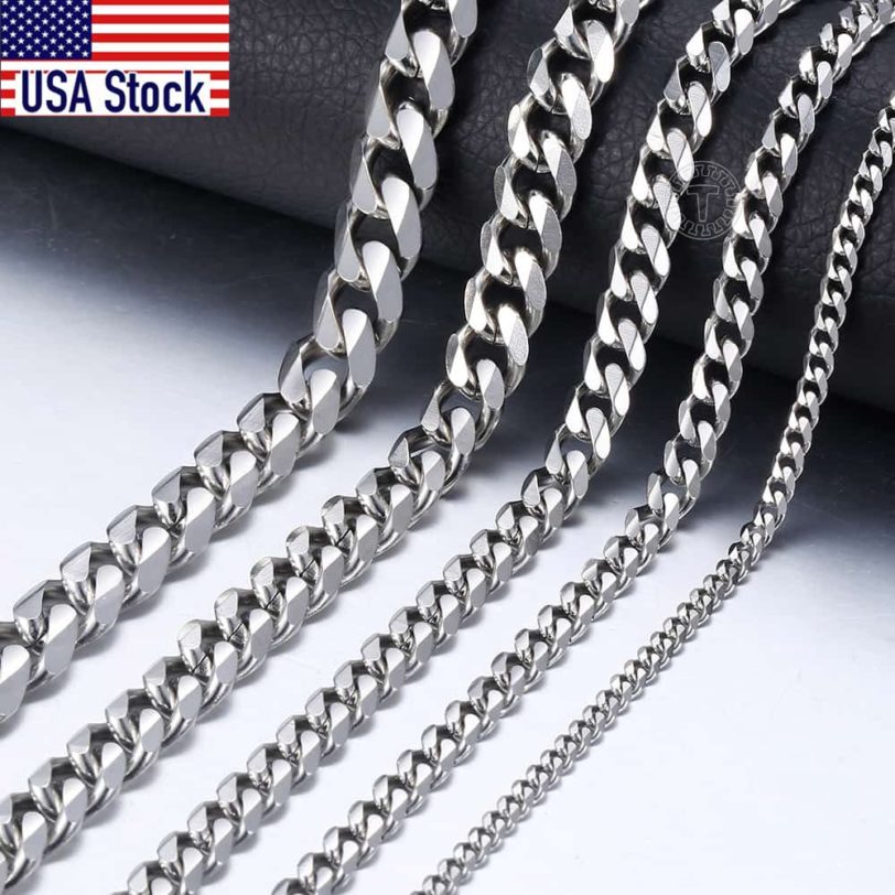 3-9mm Men's Silver Color Necklace Stainless Steel Cuban Link Chain for Men Women Basic Black Gold Tone Chokers Jewelry KNM07