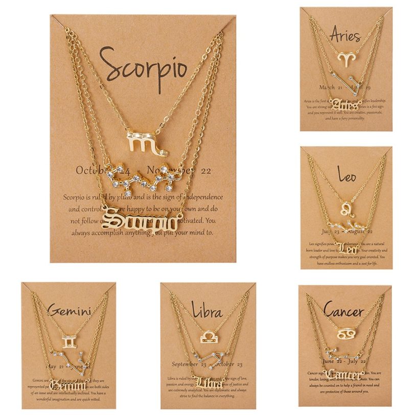 3pcs/set Fashion 12 Constellation Necklace For Women Gold Chain Zodiac Sign Horoscope Letter Choker Couple Jewelry Birthday Gift