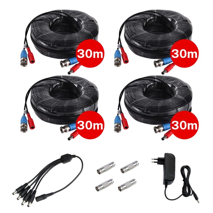 4PCS 30m/100ft BNC&DC Plug Video Power Cable with 1pcs 4-in-1 power splitter cable for AHD Video Surveillance System Accessories