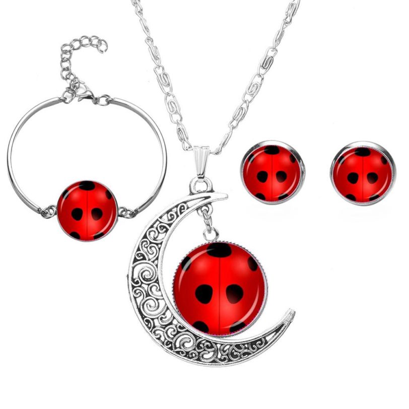 4Pcs/Set Women Girl Fashion Ladybug Set Jewelry Insect Crescent Pendant Ear Stud Earrings Bracelet Necklace Jewelry New Chic