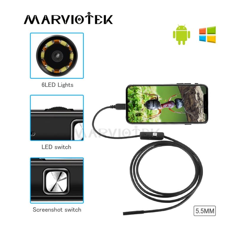 5.5mm 1M/1.5M 6 LED Endoscope Mirco USB Endoscope Camera Android Waterproof Pipeline PCB PC Inspection Mini Camera Endoscope HD