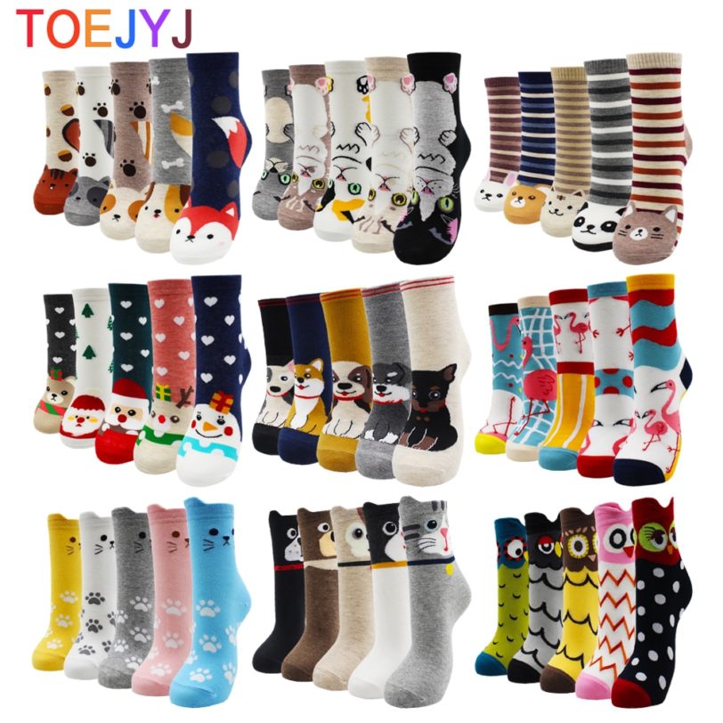 5 Pairs Fashion Colorful Kawaii Cute Cartoon Cotton Women Socks Harajuku Korean Cat Dog Owl Duck Fox Girl Socks