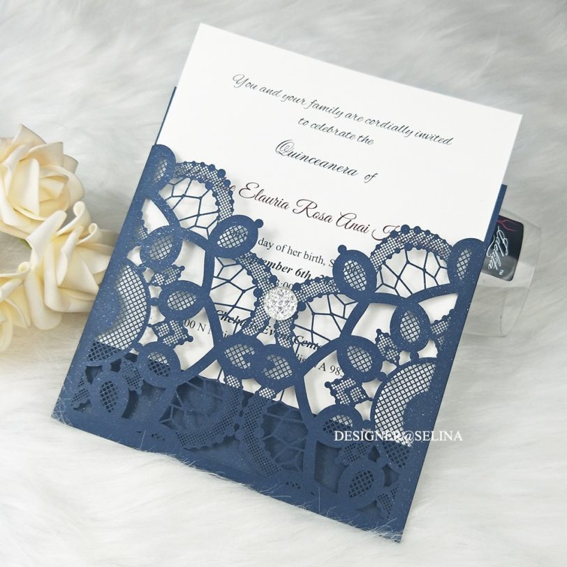 50 Navy Blue Laser Cut Wedding Invitations with Rhinestone & Envelope DIY Editable Engagement Party Invation Lace Greeting Cards