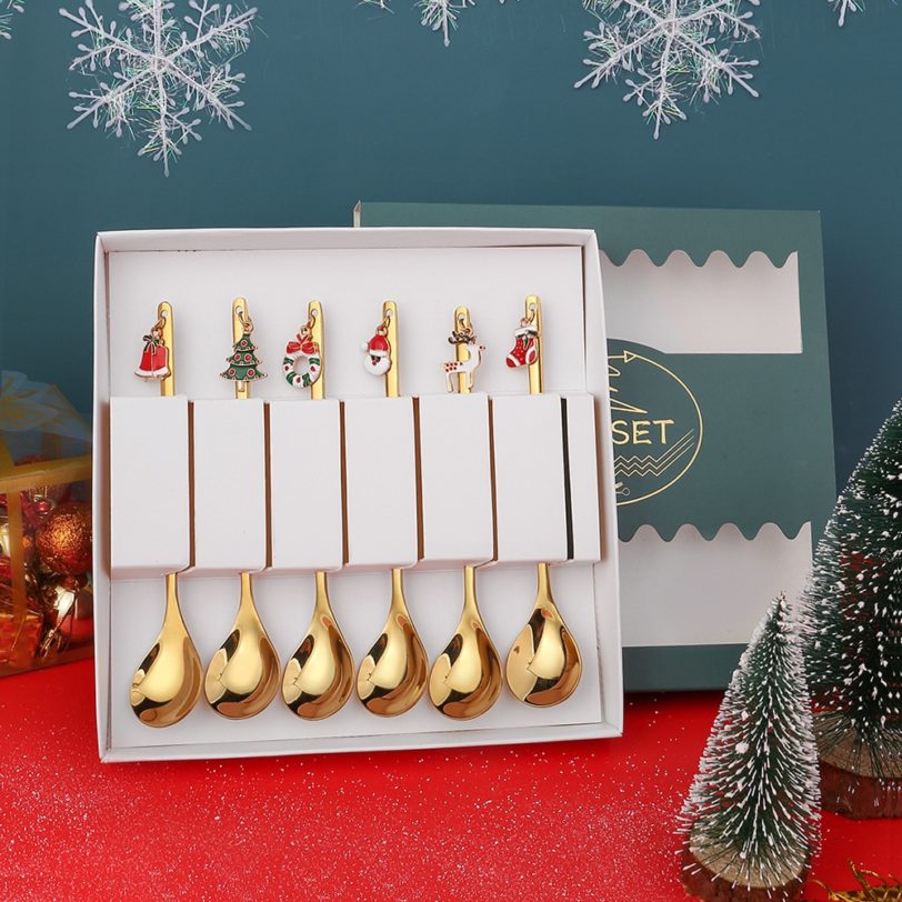 6pcs Stainless Steel Christmas Spoon Gold Home Party Decorative Tableware Dessert Coffee Tea Stirring Spoons Dinner Cutlery Gift