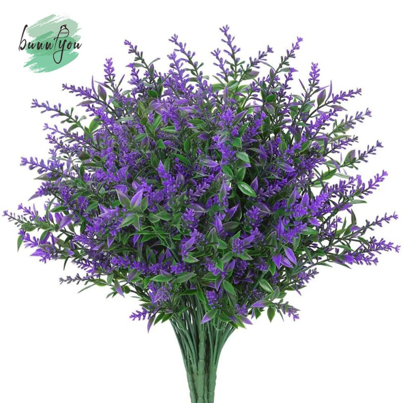 8 Bundles Artificial Lavender Flowers Outdoor Fake Flowers for Decoration Faux Plastic Plants Garden Porch Window Box Decor