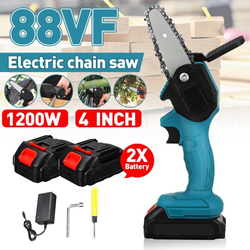 88V 1080W 4 Inch Electric Chain Saw With 2 Battery Rechargeable Woodworking Pruning Mini One-handed Garden Logging Tool