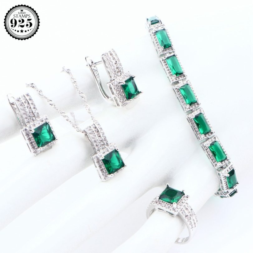 925 Sterling Silver Wedding Women Jewelry Sets Costume Jewelry Green Cubic Zirconia Bracelets Pendant Ring Necklace Set Gift Box