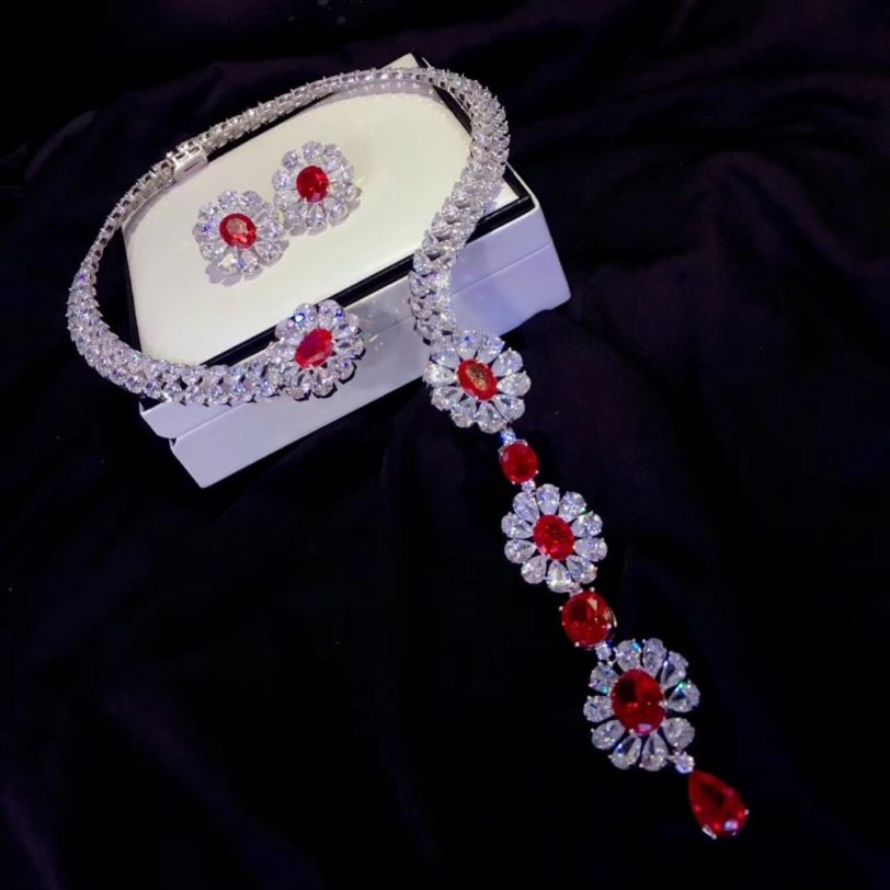 925 sterling silver with cubic zircon necklace and stud earring jewelry set for wedding red and white color mixed luxury