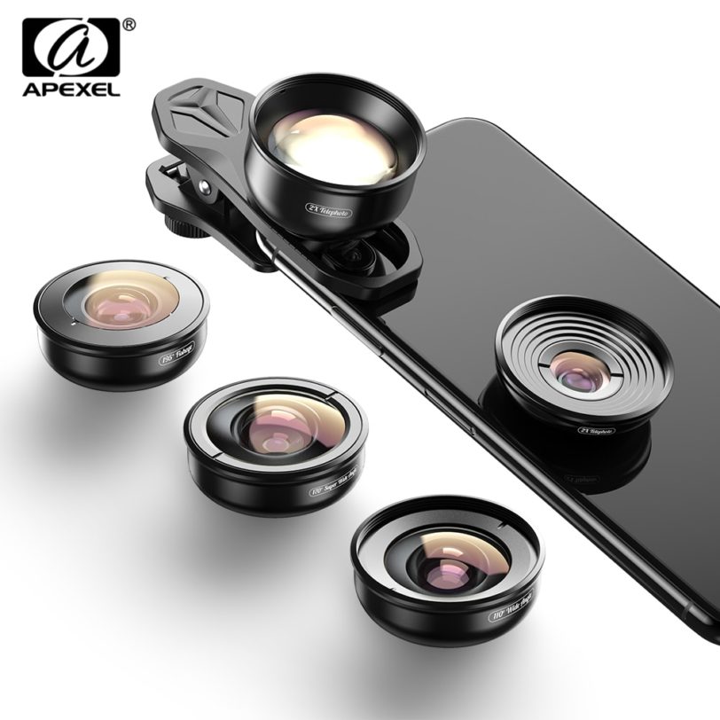 APEXEL 4K Lens Kit 5 in 1 Camera Portrait Wide Macro Lens Super Fisheye Lens CPL Filter for Mobile iPhone Samsung all cellphones