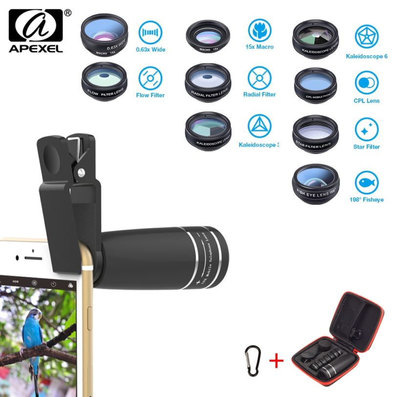 APEXEL phone Camera Lens Kit 10 in 1 Fisheye Wide Macro 10x telescope Star Filter CPL Lenses for Huawei Samsung all phones