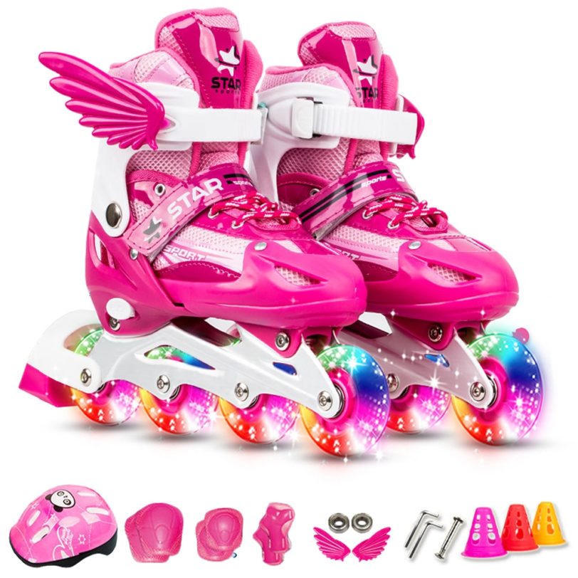 Adjustable Skates with Light Up Wheels for Kids and Adults Inline Skates with Protective Gear Set Knee Pads Elbow Pads Helmet