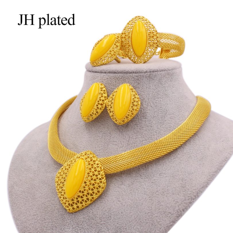 African 24k gold color jewelry sets for women Dubai bridal wedding wife gifts gem necklace bracelet earrings ring jewellery set