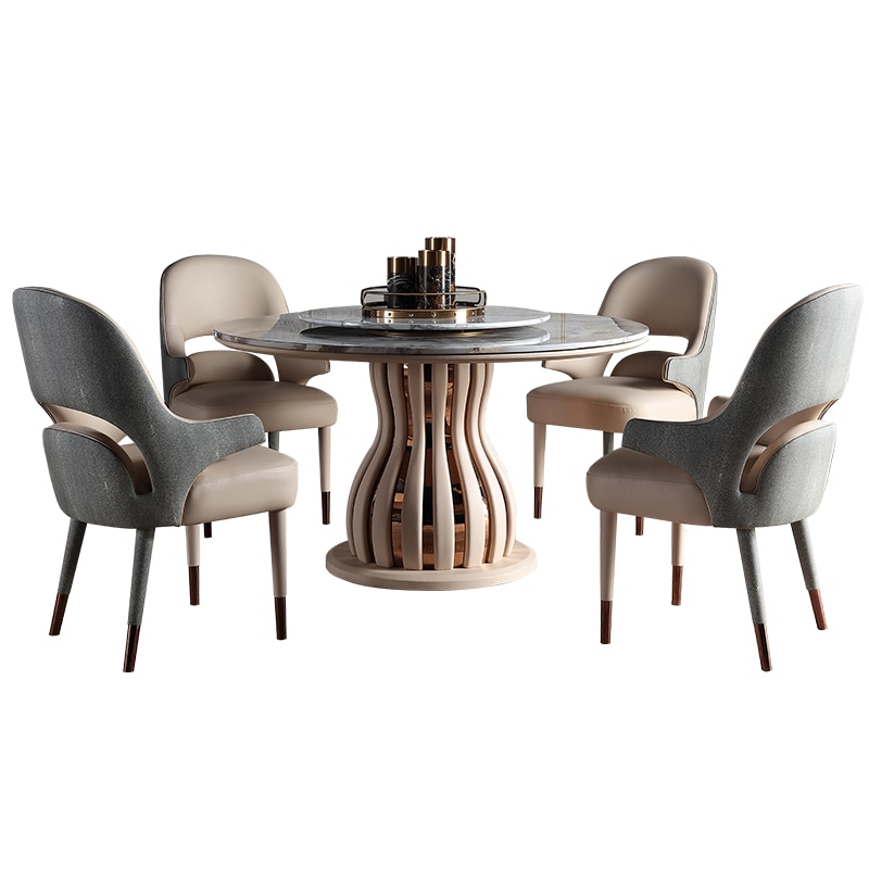 American light luxury solid wood round marble dining table with turntable household simple dining table chair