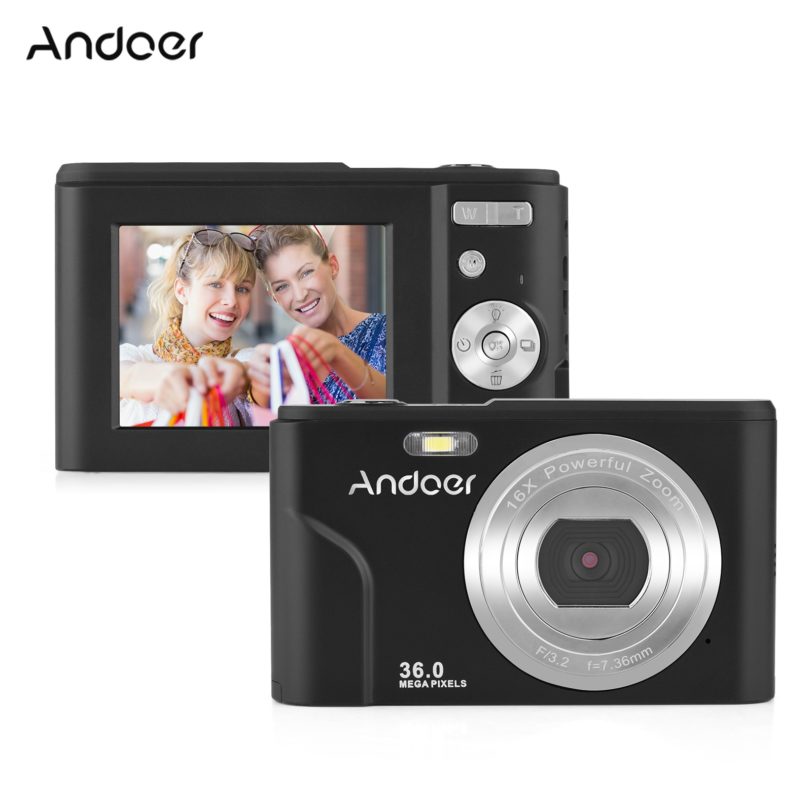 Andoer Digital Camera 36MP 1080P 2.4-inch IPS Screen 16X Self-Timer Face Detection Anti-shaking 2PCS Battery Strap Carry Pouch