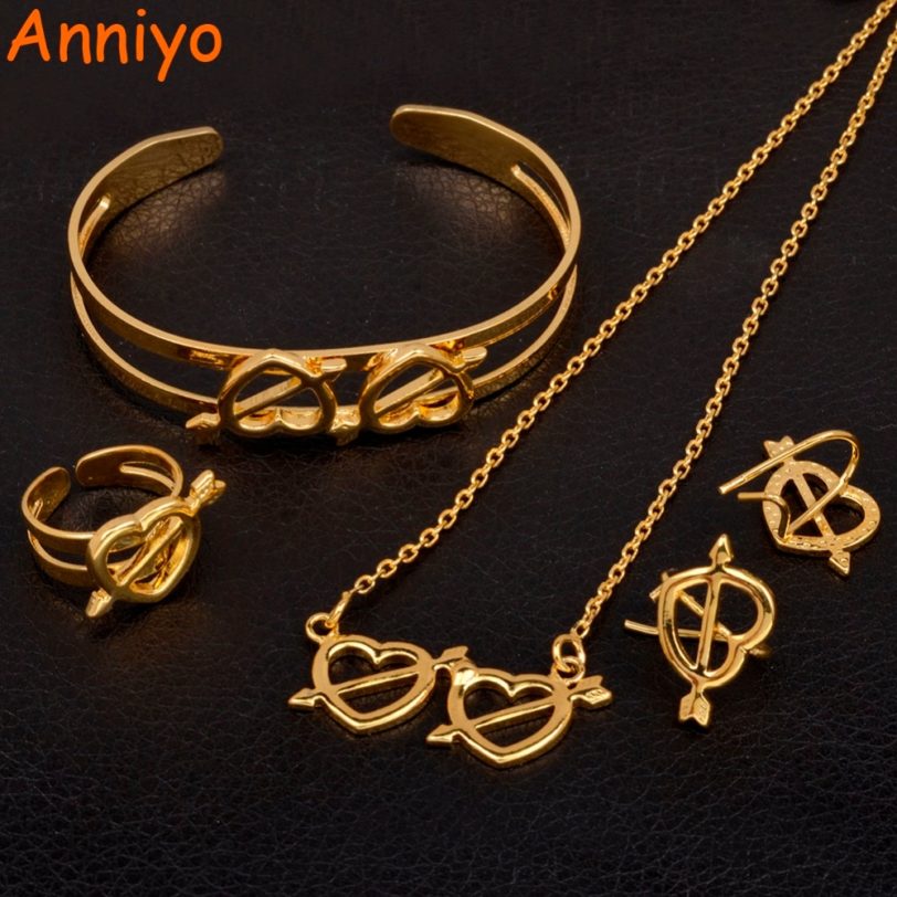 Anniyo Heart Jewelry sets Children Gold Color Necklace Earrings Ring Bangle for Kids Ethiopian African Arab Gift #062302