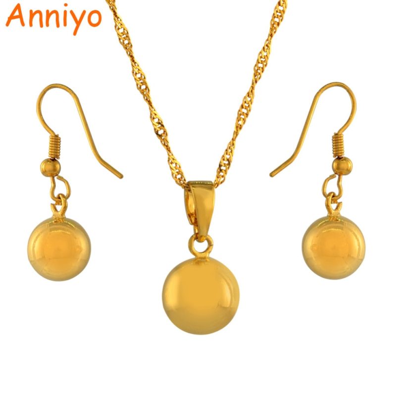 Anniyo Round Ball Pendant Necklace chain Earrings sets Jewelry Gold Color Bead Necklaces sets for women #200006